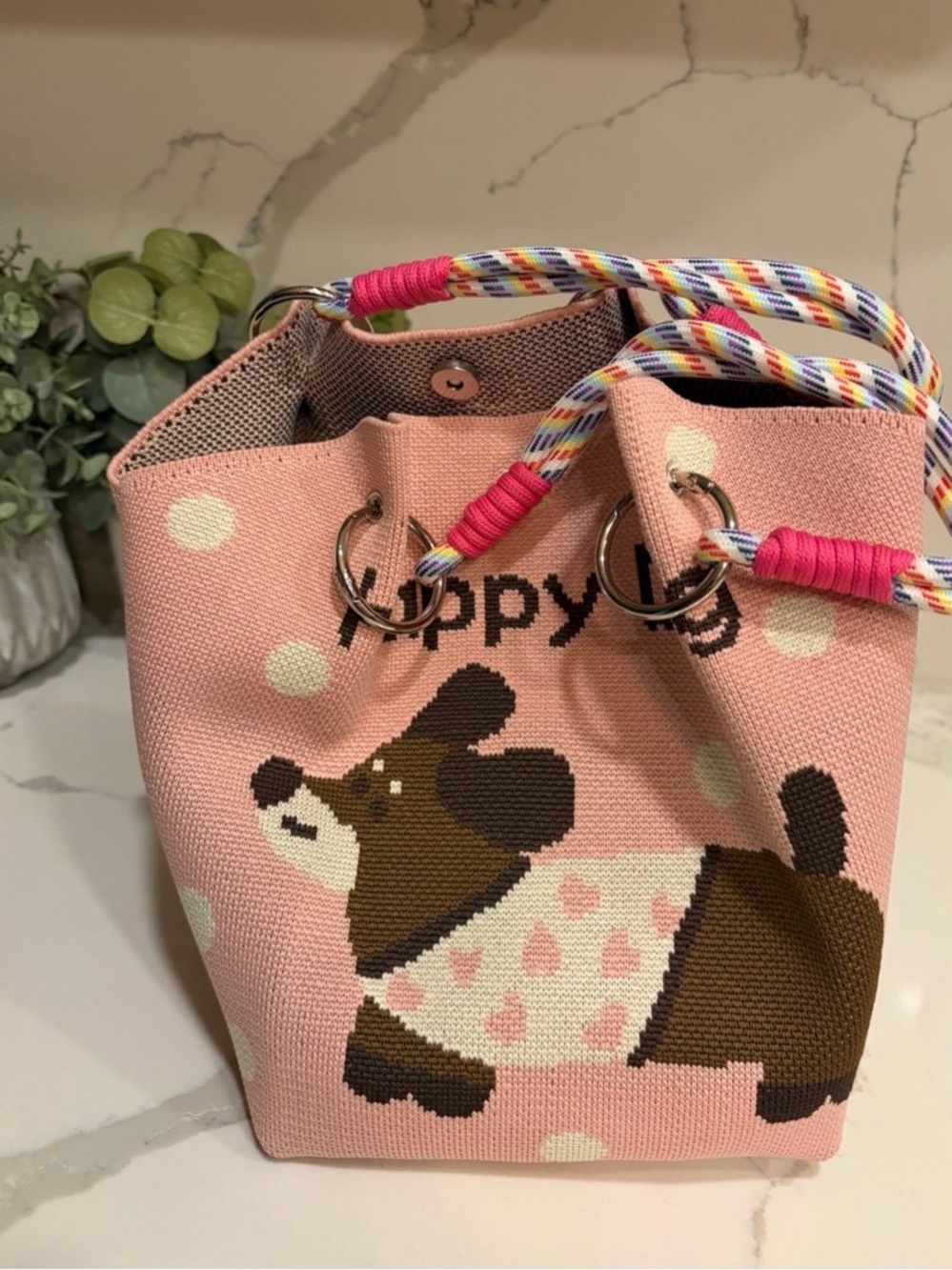 Kawaii Pink Knit Bucket Bag Cute Dog Graphic Rainbow Rope Handle
Tote